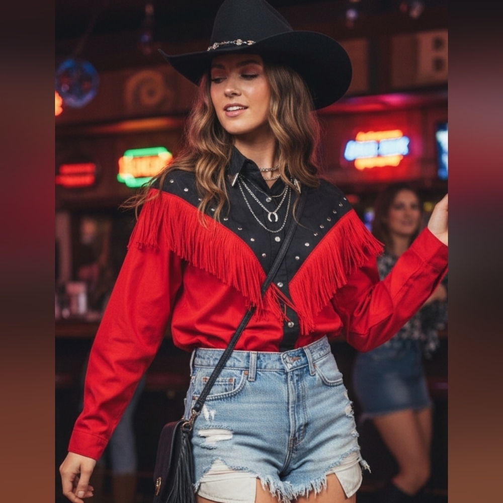Roper Black Red Western Shirt Fringe